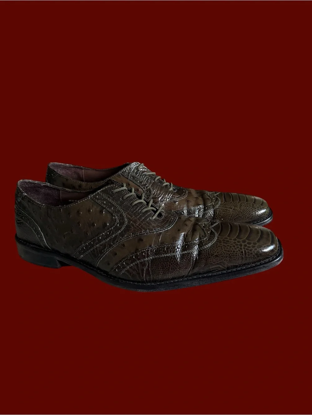 Stacy Adams Men's Olive Green Ostrich Print Wingtip Oxford Dress Shoes Size 13